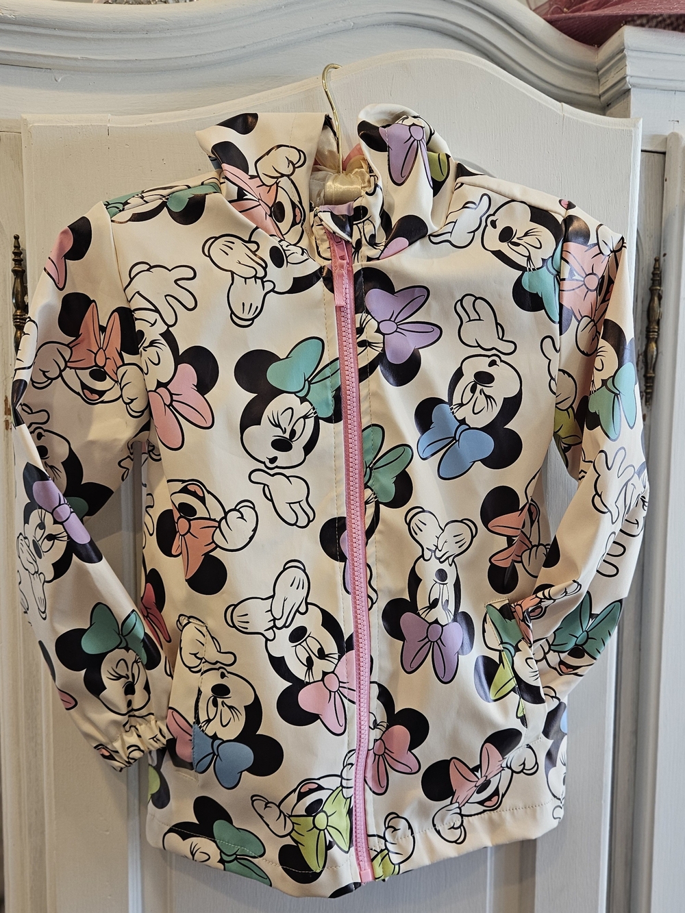 Disney Girls' Minnie Mouse Hooded Raincoat - White with Pink, Purple & Mint